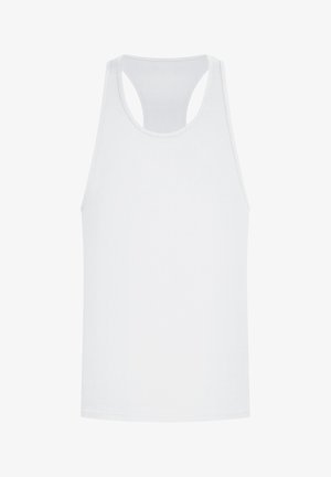 Bílý tílko, vyrobené z měkkého materiálu, s designem na zadní straně racerback a hladkou strukturou. Rovný střih, bez vzorů nebo kovových detailů.