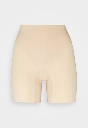 Beige high-waisted shaping shorts made of smooth fabric, featuring reinforced seams, a seamless look, and a cut-out design at the center.