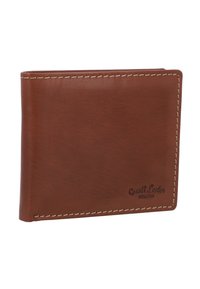 Portefeuille en cuir marron avec des bords cousus, présentant une texture lisse et un logo embossé à l'avant. Design bi-fold simple.