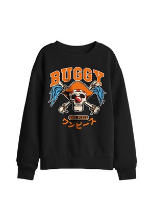 Black sweatshirt with a pirate skull wearing an orange hat and blue ribbons, crossed bones behind, and the text "BUGGY" and "ONE PIECE" in orange.