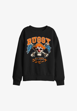 Black sweatshirt with a pirate skull wearing an orange hat and blue ribbons, crossed bones behind, and the text "BUGGY" and "ONE PIECE" in orange.