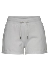 Pantaloni corti in cotone grigio chiaro con cintura elasticizzata, cordoncino e risvolti. Presentano tasche laterali e una texture morbida.