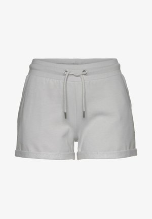 Šviesiai pilki medvilniniai šortai su elastingu juosmeniu, raišteliu ir sukamu kraštu. Yra šoninės kišenės ir minkšta tekstūra.