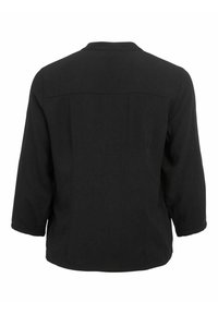 Giacca nera con colletto, maniche 3/4 e design dritto sul retro. Realizzata in un tessuto liscio senza motivi o dettagli visibili.