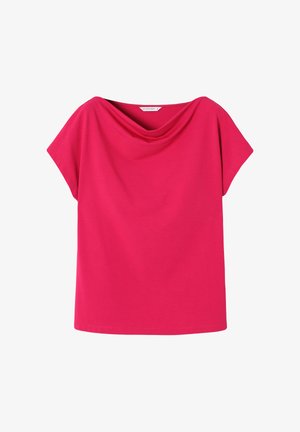 Fuksijasta bombažna majica z drapiranim ovratnikom, kratkimi rokavi in sproščenim krojem; gladka tekstura in preprost, brez okrasja oblikovanje.