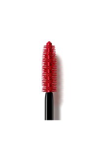 Rote Plastik-Wimperntuschenbürste mit einer verjüngten Form und kurzen, stacheligen Borsten. Der schwarze Griff steht im Kontrast zu dem lebhaften Rot der Bürste.