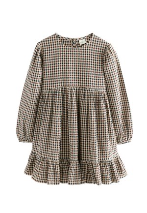 Kleid mit Gingham-Muster in Beige, Marineblau und Burgunderrot. Lange Ärmel, runder Hals und Rüschensaum; aus leichtem Baumwollstoff gefertigt.