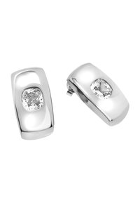 Hopeakoru, jossa on sileä, suorakulmainen muotoilu ja keskellä kiiltävä soikea jalokivi. Kiillotettu pinta, minimaalinen yksityiskohtaisuus.