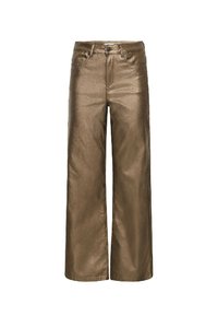 Pantaloni beige metallici a gamba larga con vita alta, design a cinque tasche e chiusura con bottone. Texture liscia con una finitura lucida.