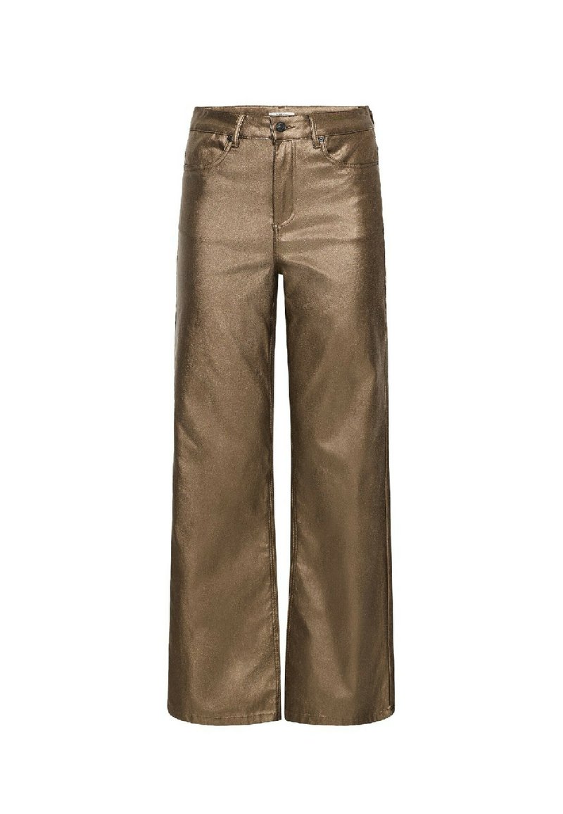 Pantaloni beige metallici a gamba larga con vita alta, design a cinque tasche e chiusura con bottone. Texture liscia con una finitura lucida.
