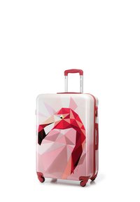 Valise rigide avec un design géométrique de flamant rose et rouge, équipée d'une poignée rétractable et de quatre roues.