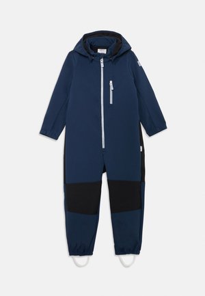 Jūros ir juodos spalvos su gobtuvu vientisas jumpsuit'as su priekiniais užtrauktukais, elastingomis rankovėmis ir išskirtiniu spalvų blokų dizainu. Yra krūtinės kišenė.
