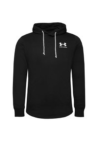 Sudadera con capucha negra hecha de una mezcla de algodón, con un bolsillo canguro, cordones blancos y un logo de Under Armour blanco en el pecho.