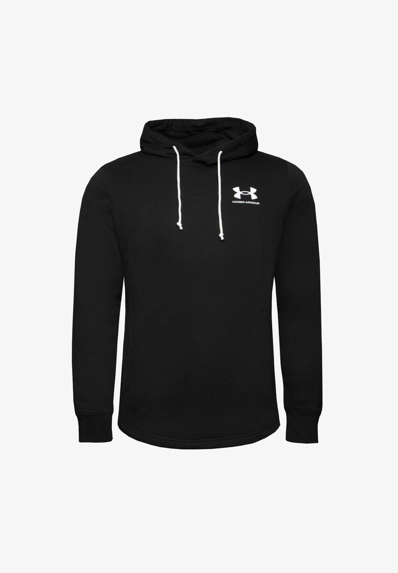 Sudadera con capucha negra hecha de una mezcla de algodón, con un bolsillo canguro, cordones blancos y un logo de Under Armour blanco en el pecho.