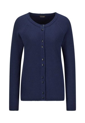 Marineblauwe gebreide cardigan met een ronde halslijn, lange mouwen en zes zwarte knopen aan de voorkant. Gestructureerde stof met een geribde zoom.
