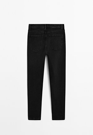 Black denim skinny jeans with a high waistband, two back pockets, and a smooth texture. No visible stitching or embellishments.