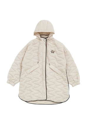 Chaqueta acolchada beige con capucha, puños elásticos y bolsillos laterales. Presenta un ribete negro en contraste y un pequeño logotipo bordado en el pecho.