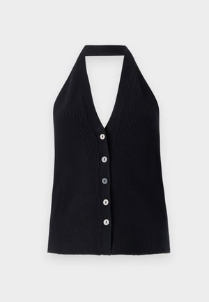 Top halter noir à côtes avec un profond décolleté en V et six boutons de couleurs variées sur le devant. Texture lisse, design ajusté.