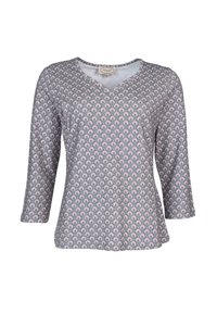 Graues, gemustertes Oberteil mit V-Ausschnitt, dreieinhalb Ärmeln und einem ganzflächigen, kleinen Blumenmotiv in Hellrosa und Grün auf einem strukturierten Stoff.