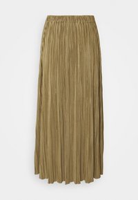 Longue jupe plissée beige avec taille élastique, longueur midi et plis fins verticaux.
