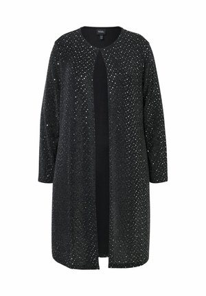 Langer schwarzer Cardigan mit einem subtilen Glitzerdesign, mit offener Vorderseite und langen Ärmeln. Verfügt über ein glattes schwarzes Innenfutter. Weiche Textur.