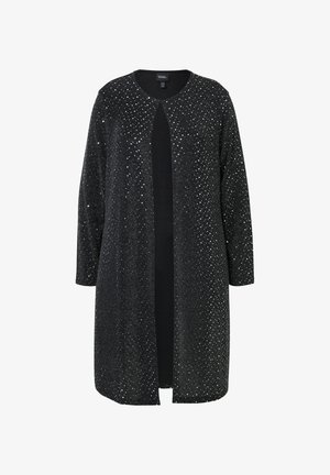 Lange zwarte cardigan met een subtiele glitters design, open voorkant en lange mouwen. Heeft een gladde zwarte binnenvoering. Zachte textuur.