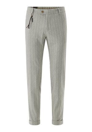 Hellgraue, gestreifte Hosen aus weichem Material, mit Knopfverschluss, verstellbarem Bund und umschlagenen Säumen.