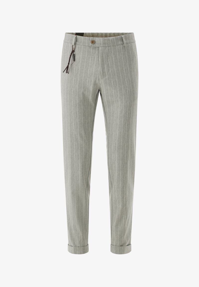 Light grey pinstriped trousers made of soft fabric, featuring a button closure, adjustable waistband, and cuffed hems.