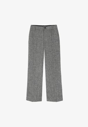 Sive široke hlače od teksturirane tkanine, s kopčanjem na dugme i prednjim džepovima, dizajnirane za opušteni fit.