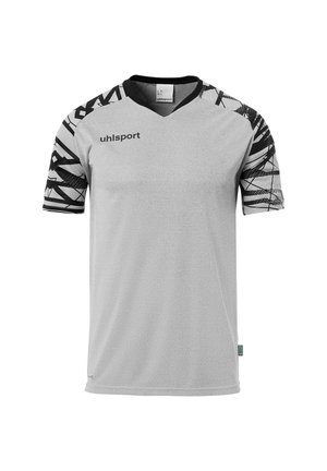 Grijze sporttrui met zwarte geometrische patroonmouwen. Heeft een V-halslijn en het uhlsport-logo op de borst. Gemaakt van ademend materiaal.