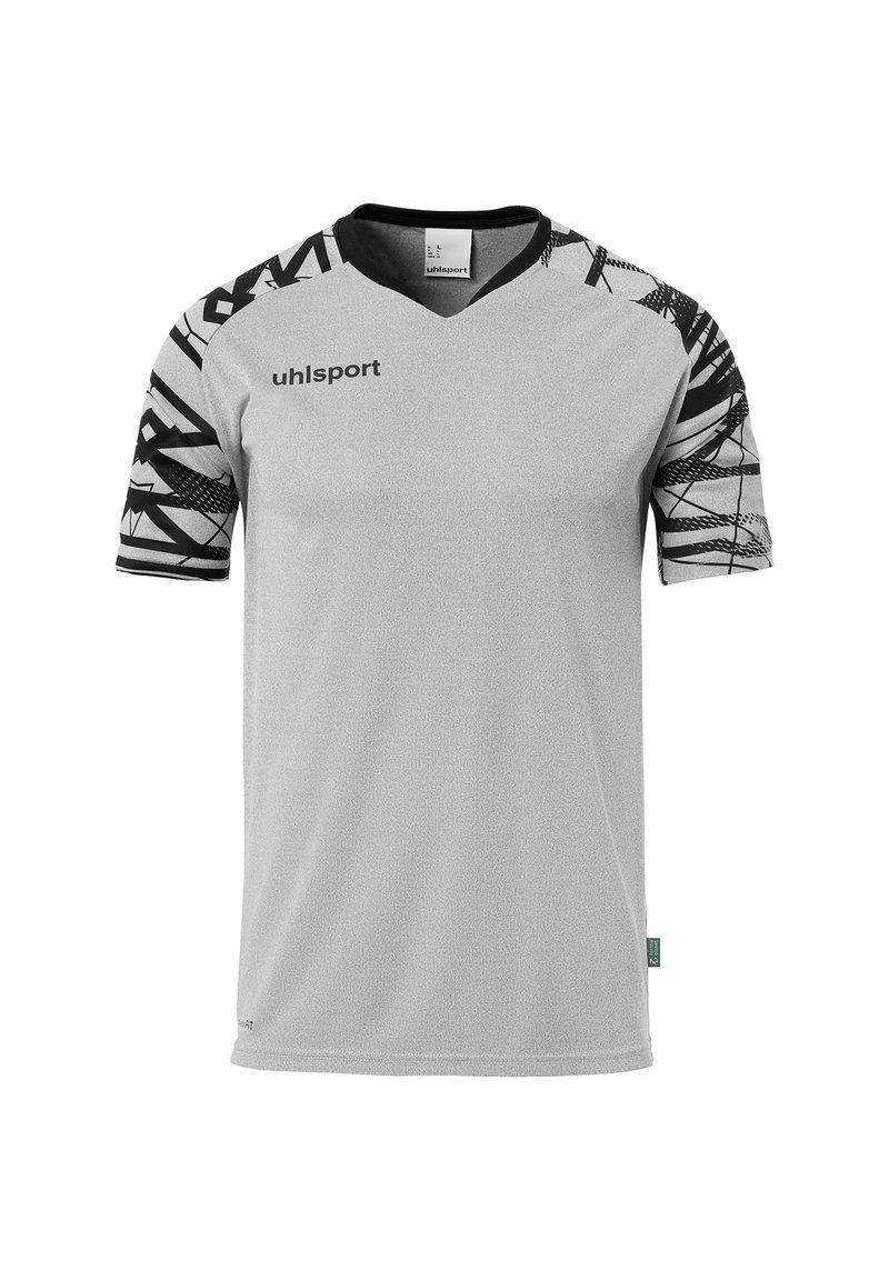 Grijze sporttrui met zwarte geometrische patroonmouwen. Heeft een V-halslijn en het uhlsport-logo op de borst. Gemaakt van ademend materiaal.