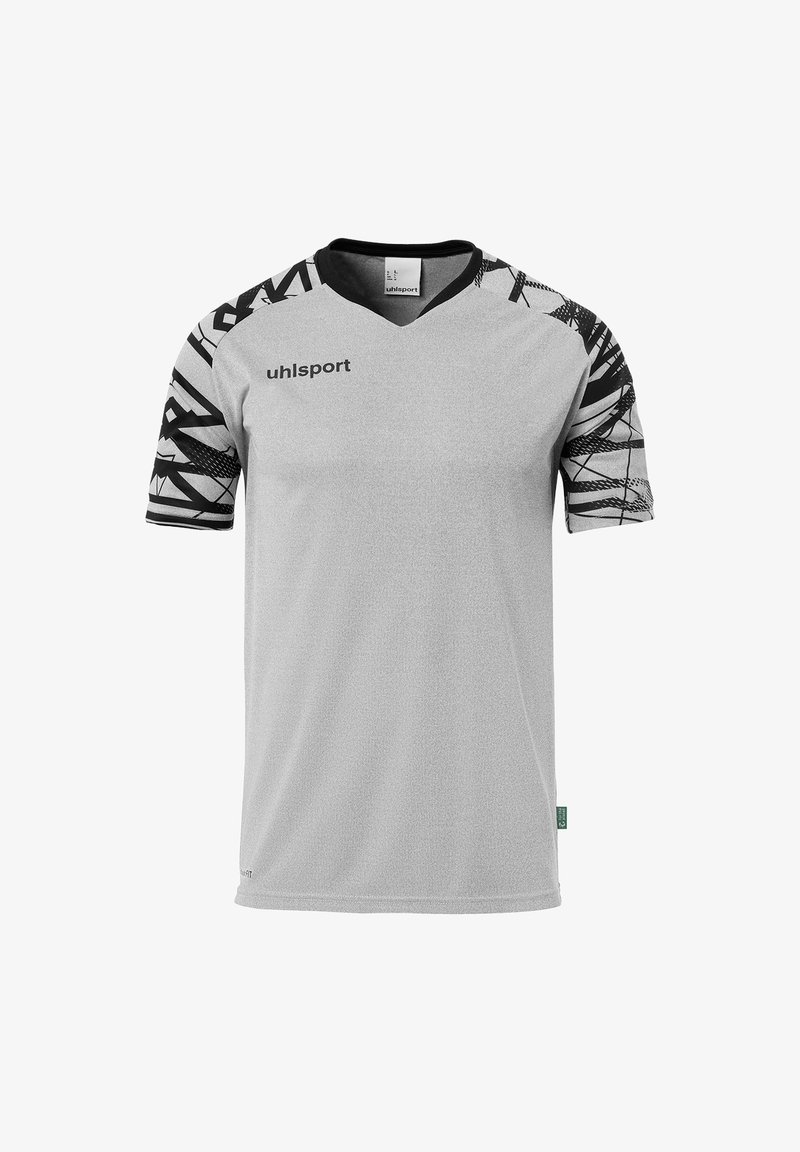 Jersey deportivo gris con mangas de patrón geométrico negro. Cuenta con un escote en V y el logo de uhlsport en el pecho. Está hecho de una tela transpirable.