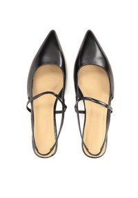 Schwarze Leder-Ballerinas mit spitzer Zehenpartie und Knöchelriemen, ausgestattet mit einer glatten Textur und beigem Innenfutter. Minimalistisches Design mit einer eleganten Silhouette.