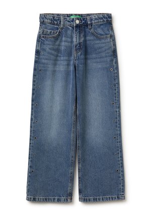 Blaue Jeans mit weitem Bein, Knopfverschluss, Taschen vorne und hinten sowie Metallösen, die an beiden Außenseiten nach unten verlaufen.