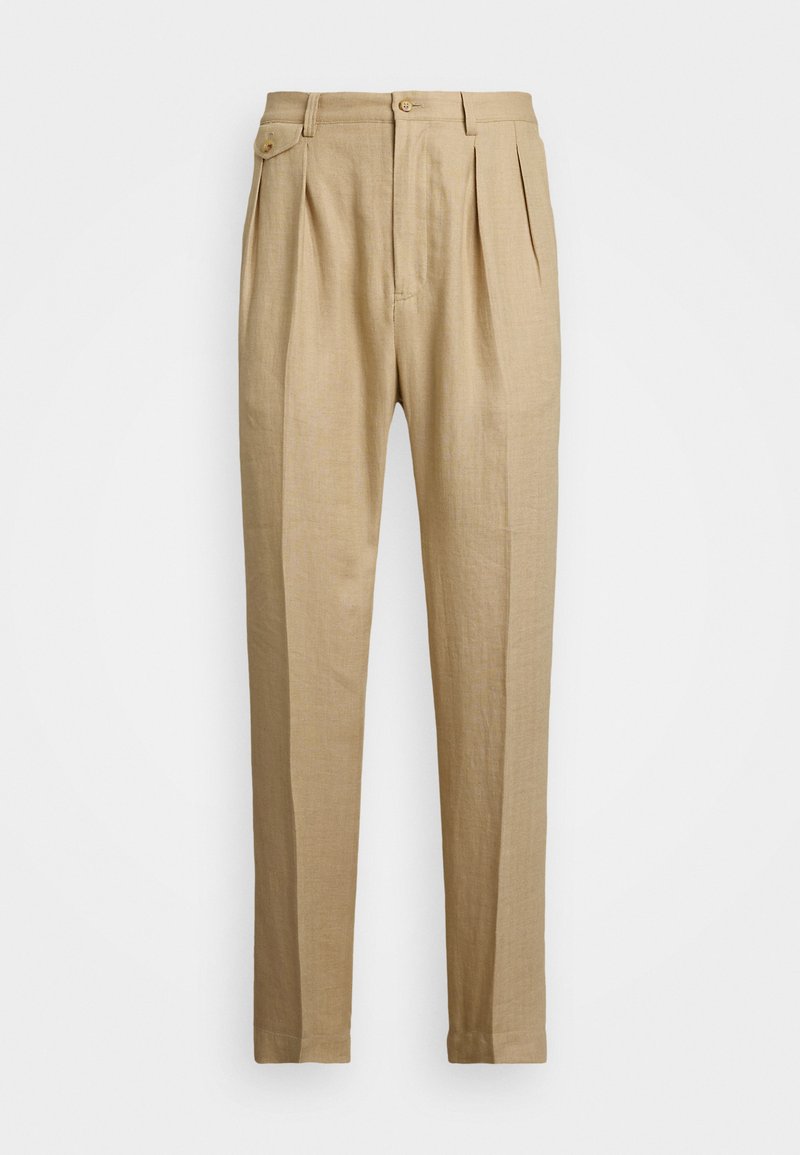 Beige Leinenhose mit geradem Schnitt, ausgestattet mit zwei vorderen Falten, einem Knopfverschluss und seitlichen Taschen. Strukturierter Stoff mit glatter Oberfläche.