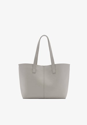 Graue Kunstleder-Handtasche mit zwei langen Trägern, rechteckiger Form, glatter Textur und zentraler Naht auf der Vorderseite.