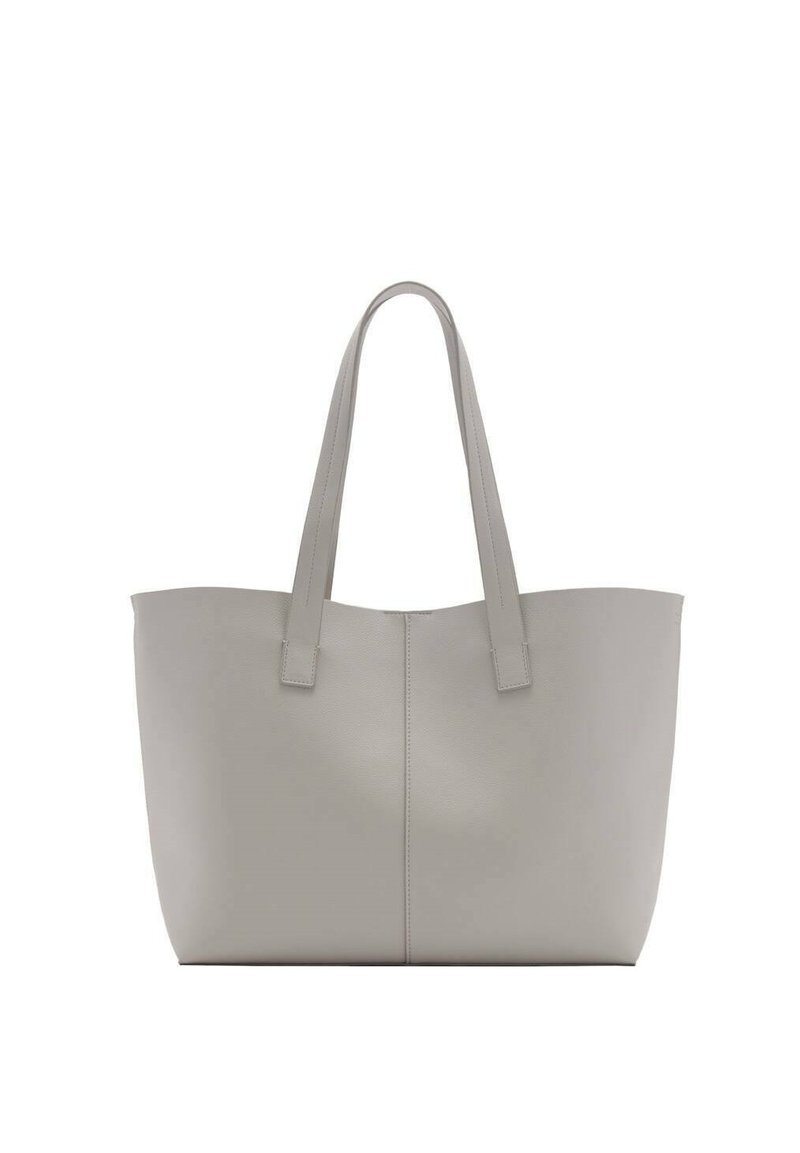 Gray faux leather tote bag with two long straps, rectangular shape, smooth texture, and centered seam on the front.
