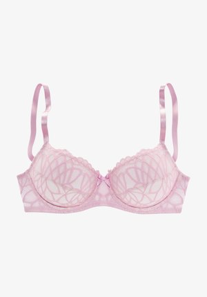 Helle pinke Spitzen-BH mit Unterdraht, gewellten Kanten und Satinstreifen. Mit einer kleinen zentralen Schleife und geometrischem Muster auf den Schalen.