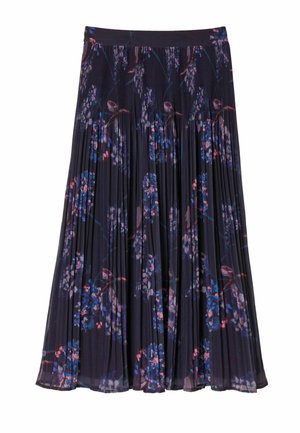 Pleated long skirt in dark fabric featuring a floral pattern with pink and blue hues, elastic waistband, and flowing design.