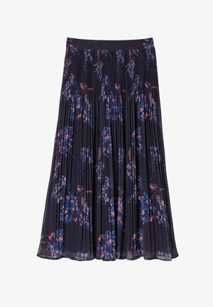 Pleated long skirt in dark fabric featuring a floral pattern with pink and blue hues, elastic waistband, and flowing design.