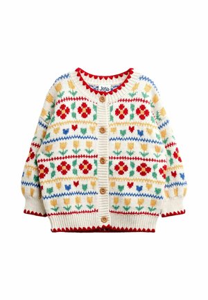 Child’s button-up cream knit cardigan with red, yellow, and blue floral patterns and red scalloped trim on collar and hem.