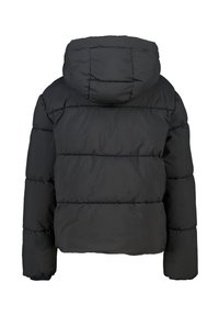 Veste noire en duvet avec capuche, arborant un design matelassé. Le dos présente des coutures horizontales visibles et une texture lisse.