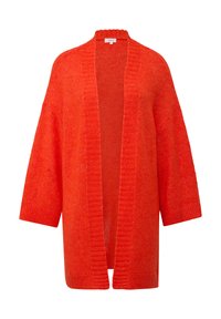Offene Strickjacke in leuchtendem Orange, aus strukturiertem Strickstoff. Mit weiten Ärmeln und einem gerippten Kragen und Saum.