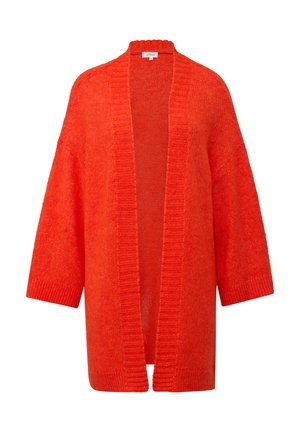 Open-front cardigan in feloranje, gemaakt van textielgebreid materiaal. Heeft brede mouwen en een geribde kraag en zoom.