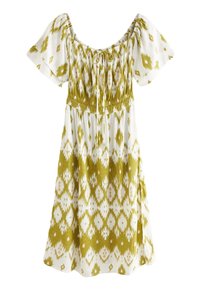 Robe blanche avec motif géométrique vert, manches courtes, corsage froncé et détail noué au niveau de l'encolure. Tissu en coton léger.