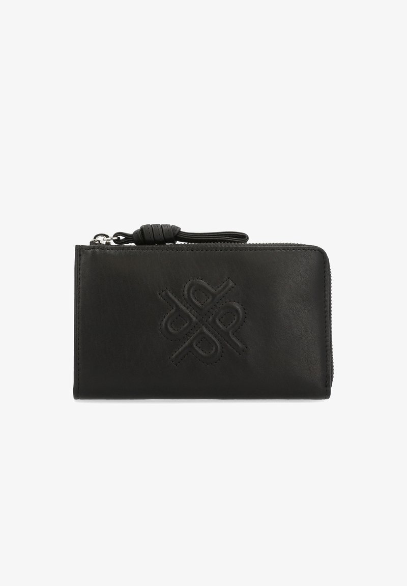 Black leather wallet with embossed pattern, zip closure, and a textured wrist strap. Features a smooth, sleek finish.