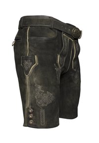 Pantalones cortos de cuero gris oscuro con intrincados bordados blancos, detalles de botones y un cinturón ancho, que cuentan con bolsillos laterales y un ajuste a medida.