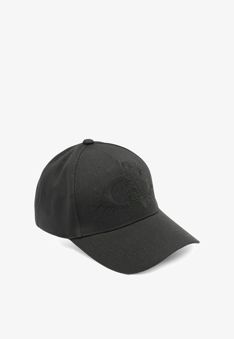 Must must, mille tekstuuriga kangast. Omab kumerat pihku, reljeefset logo ja dekoratiivset lillemustrit esipaneelil.