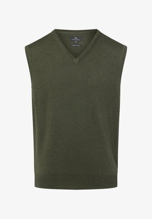 Ärmelloser Pullover aus dunkelgrünem Baumwollstoff mit V-Ausschnitt, verfügt über einen gerippten Saum und eine glatte Textur. Minimalistischer und klassischer Schnitt.