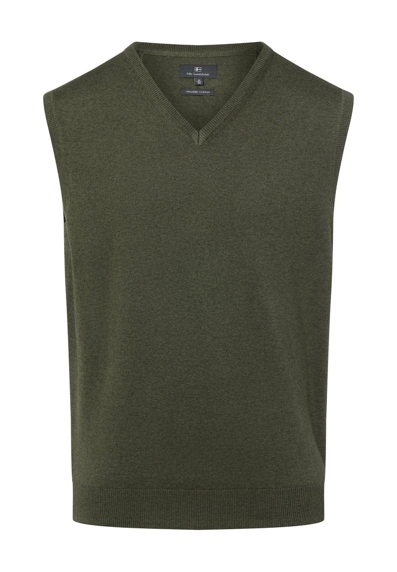Maglione senza maniche in cotone verde scuro con scollo a V, caratterizzato da un orlo a coste e una texture liscia. Taglio minimalista e classico.